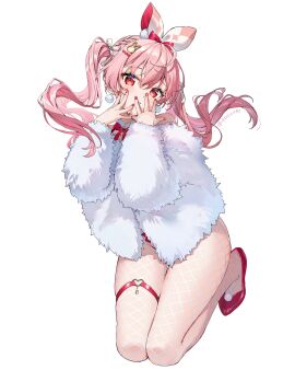 1girls artist_name bunny_ears bunnysuit earrings fake_animal_ears female female_only fishnet_legwear fishnets full_body fur_coat hair_ornament looking_at_viewer nail_polish original pink_hair red_eyes rosuuri simple_background solo twintails white_background
