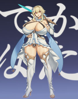 1girls big_breasts blonde_hair breasts breasts_bigger_than_head detached_sleeves female female_only genshin_impact high_heel_boots high_heels holding_weapon huge_breasts japanese_text light-skinned_female light_skin looking_at_viewer lumine_(genshin_impact) melon22 open_mouth simple_background smile solo sword tagme thick_thighs thunder_thighs voluptuous weapon yellow_eyes