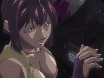 00s 1boy 1girls 2007 animated anime_screenshot arm_around_waist bald bare_shoulders bible_black bible_black_new_testament breasts catching cleavage facial_hair female formal_clothes goatee helping holding holding_hands large_breasts lipstick long_sleeves makeup mature_female monk nipples nun purple_eyes red_hair religious revealing_clothes scar shin_bible_black short_hair smile suit sunglasses tagme takashiro_hiroko tight_clothes wide_hips yuge_toru