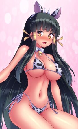 1girls animal_ears animal_print arcana_heart big_breasts bikini black_hair blush breasts busty cleavage cow_ears cow_print cow_print_bikini fake_animal_ears female female_only highres kasabou kasuga_maori large_breasts legs long_hair looking_at_viewer navel open_mouth print_bikini revealing_clothes side-tie_bikini_bottom sitting skimpy_clothes solo swimsuit thighs underboob very_long_hair yellow_eyes
