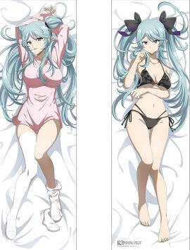 arm_under_breasts arms_behind_head ass_visible_through_thighs bare_arms bare_belly bare_legs bare_shoulders bare_thighs barefoot bed_sheet belly_button big_breasts black_bra black_panties black_underwear bra breasts cleavage collarbone dakimakura dakimakura_design epsilon_(the_eminence_in_shadow) feet female kage_no_jitsuryokusha_ni_naritakute! long_hair lying mouth_closed official_art open_mouth panties pink_shirt purple_eyes ribbons shirt shirt_only single_thighhigh sky_blue_hair small_breasts the_eminence_in_shadow thigh_gap thighhighs thighs toe_claws twintails underboob underwear underwear_only white_thighhighs