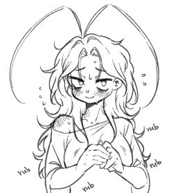 1girls antenna_hair bare_shoulder blush female female_focus female_only fidgeting looking_at_viewer marblechii messy_hair nervous no_color original original_character roach_(marblechii) roach_girl solo text white_background