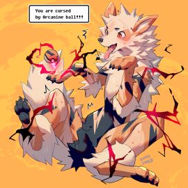 2024 absurd_res animal_genitalia arcanine cursed_object dialogue_box feet feral_transformation foot_focus fully_sheathed furry_sb generation_1_pokemon genitals hi_res human human_to_feral magic male mammal mid-transformation nintendo open_mouth orange_eyes paws pokeball pokemon pokemon_(species) ra'zim red_eyes sheath species_transformation tongue tongue_out transformation white_body white_skin