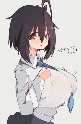 1girls big_breasts breasts brown-eyes brown_hair female female_only japanese_text light-skinned_female light_skin looking_at_viewer original original_character sailor_uniform school_uniform solo spy_artservice