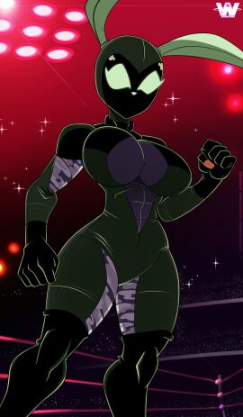 athletic athletic_female bunny_ears bunny_girl commission female female_focus female_only female_wrestler great_dude green_eyes helmet original original_art original_artwork shadow_hopper_(thedaftcat) skintight skintight_bodysuit wrestler wrestling