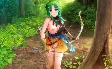 1girls after_rape after_sex after_vaginal arrow_(projectile) ass_visible_through_thighs asymmetrical_gloves bandana bare_arms bare_legs bare_shoulders bow_(weapon) braid breasts breasts_out cum cum_in_pussy cum_inside cum_on_body cum_on_hair cum_on_leg female female_only fingerless_gloves fire_emblem fire_emblem:_the_blazing_blade forest gloves green_eyes green_hair large_breasts legs long_hair mutsuki_(moonknives) nintendo nipples one_breast_out outdoors plant pussy rebecca_(fire_emblem) shoulders skirt solo standing sweat thigh_gap torn_clothes tree twin_braids twintails uncensored weapon