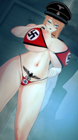 1girls 3d artoria_pendragon artoria_pendragon_(lancer) bikini bleachedartoria blonde_hair blue_eyes breasts fate_(series) fem_ss_officer female female_only hat koikatsu large_breasts light-skinned_female light_skin nazi swastika tattoo thick_thighs wide_hips