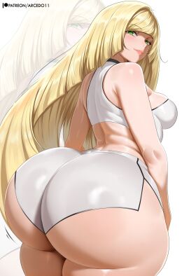 1girls arcedo ass ass_focus back back_view big_ass big_breasts blonde_hair blush bottomwear breasts bubble_ass bubble_butt clothing female female_only game_freak green_eyes high_resolution highres huge_ass jiggling_ass large_ass lips lipstick long_hair looking_back lusamine_(pokemon) makeup mature mature_female mature_woman milf motion_lines pink_lipstick pokemon pokemon_sm solo solo_female sports_bra sports_uniform sportswear thighs topwear very_long_hair