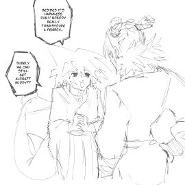 2boys angry black_and_white duwawamg_(artist) english_text femboy hand_on_hip jujutsu_kaisen kashimo_hajime looking_at_another male male_only monochrome multiple_boys multiple_males nervous nervous_smile oc shark shark_boy shark_fin shark_humanoid shark_tail sketch syuni_(duwawamg) text