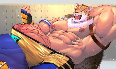 abs animal_head bandai_namco big_muscles big_penis boner bulge cape clothed clothing erection felid for_a_head genitals human humanoid humanoid_genitalia jaguar kajon_art king_(tekken) looking_at_viewer male male_only mammal muscles muscular muscular_male nipples pantherine partially_clothed pecs penis raised_arm solo stretched_clothing tekken vein veiny_muscles veiny_penis wrestler
