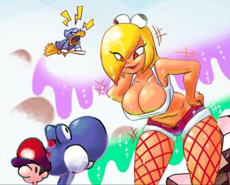 1girls baby_mario blonde_hair breasts female fishnets hookbill_the_koopa kamek koopa koopa_girl mario mario_(series) minus8 nintendo red_shorts short_shorts tan_body tan_skin tank_top tanned yoshi yoshi's_island