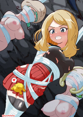 3girls absurd_res arms_behind_back artist_name big_breasts blonde_hair blue_eyes bondage bound bound_legs breasts captured captured_heroine clenched_teeth covered_eyes creatures_(company) female female_only gag gagging game_freak generation_5_pokemon green_hair hat heart hi_res joltik katy_(pokemon) long_hair nintendo nipples paid_reward_available pokemon pokemon_(species) pokemon_sv pokemon_xy pokephilia restrained serena_(pokemon) skirt spider_web spoken_heart suspension suukaizou sweat teeth thighhighs torn_clothes torn_legwear viola_(pokemon) web web_bondage