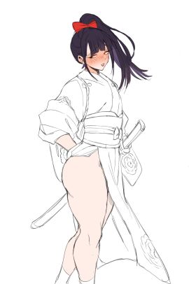 1boy black_hair blushing femboy girly hair_ribbon kikunojo kimono legs long_hair lushhhh male male_only one_piece ponytail sword_sheath thick_thighs