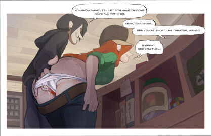 1boy 1girls amugea artist_collaboration ass ass_freckles belt bent_over black_gloves black_pants body_freckles breasts brown_belt clothes_pull commentary denim disney disney_channel english english_commentary english_text female fingering fingering_partner fingering_under_panties fingerless_gloves freckles from_behind from_below fur_hat gloves gravity_falls grin hand_in_another's_panties hand_in_panties hat jeans male matchattea medium_breasts netorare orange_hair panties pants pants_down pants_pull pubic_hair pussy pussy_juice robbie_valentino short_hair smile speech_bubble stealth_ass_grab stealth_fingering straight straight_sex sweat toon_(style) underwear ushanka wendy_corduroy white_panties