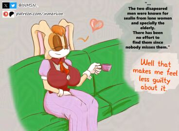 after_sex anthro breasts clothed clothing comic dialog dress female fully_clothed furry futanari implied_death inmersion_(artist) intersex milf resolution sega sitting tv vanilla_the_rabbit