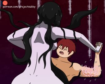 1boy 1girls aggressive aggressive_female assertive assertive_female black_hair cowgirl_position dominant dominant_female domination female femdom ghost ghost_girl interlocked_fingers long_black_hair male monster_girl onryo original_character original_characters pale-skinned_female pale_skin projectsubby reverse_rape