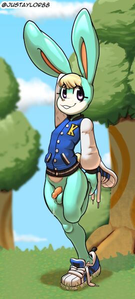 absurd_res adidas animal_crossing anthro balls bodily_fluids bottomless clothed clothing flaccid footwear foreskin genital_fluids genital_raphe genitals hi_res humanoid_genitalia humanoid_penis justtaylor lagomorph leporid long_ears male male_only mammal nintendo outside penis plant precum rabbit raphe_(anatomy) sasha_(animal_crossing) scrotal_raphe scrotum shoes solo tree uncircumcised