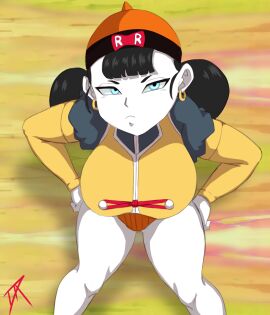 1girls android android_19 android_girl big_breasts black_hair blue_eyes breasts dalley_le_alpha dragon_ball dragon_ball_z earrings female female_only looking_at_viewer rule_63 solo solo_female solo_focus thick_thighs thighs white_body white_skin wide_hips