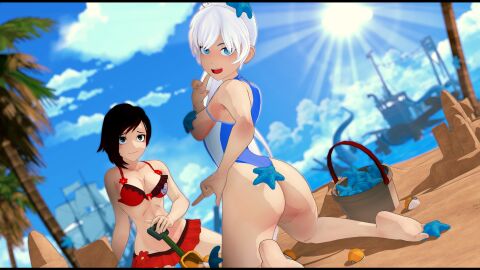 2girls beach bikini bikini_bottom bikini_top black-haired_female black_hair blue_eyes female female_only long-haired_female long_hair multiple_females multiple_girls ruby_rose rwby silver_eyes starfish weiss_schnee white-haired_female white_hair