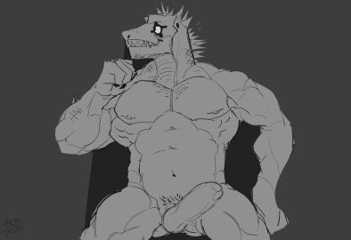 anthro balls bara boner dorohedoro erection genericboxhead kaiman male male_only monochrome muscles muscular nude penis solo solo_male yaoi
