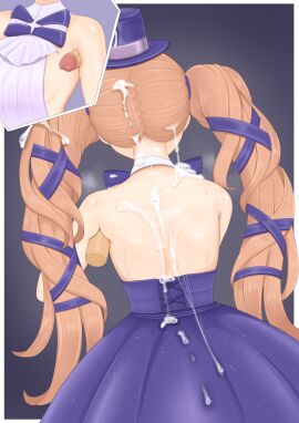 absurdres armpit_sex back back_focus backless_dress backless_outfit bare_back bare_shoulders blush breasts brown_hair censored cum cum_on_back cum_on_body cum_on_clothes cum_on_hair disembodied_penis dress female from_behind goddess_of_victory:_nikke grey_background hair_ribbon hat highres long_hair male mini_hat mini_top_hat miranda_(nikke) miranda_(thief_of_justice)_(nikke) mosaic_censoring penis pongon purple_dress purple_hat purple_ribbon ribbon sideboob simple_background small_breasts solo steaming_body straight sweat sweatdrop top_hat twintails upper_body