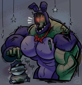 2boys abs artist_name big_pecs bonnie_(fnaf) bow duo five_nights_at_freddy's five_nights_at_freddy's_2 funny human humor its_coldpizzart male male/male male_only muscular muscular_arms muscular_male night_guard_(fnaf) pecs questionable rabbit red_eyes robot robot_boy scared scared_face scottgames size_difference tablet video_games watermark withered_bonnie