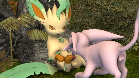 3d animal_genitalia canid canine canine_penis canis domestic_cat domestic_dog duo eeveelution espeon felid feline felis feral feral_on_feral generation_2_pokemon generation_4_pokemon hi_res leafeon male male/male mammal nintendo penis pokemon pokemon_(species) source_filmmaker