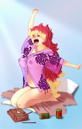 1girls ao_no_exorcist breasts female kirigakure_shura kneeling large_breasts morning ponytail purple_eyes red_hair see-through solo stretching tattoo tattoo_on_chest two-tone_hair yellow_hair