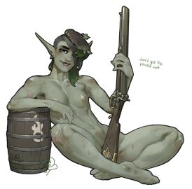 barefoot barrel breasts casual completely_nude crossed_legs dark_skin double-barreled_shotgun elf eyepatch female firearm green_skin gun gunpowder keg nude nudist original_character pinup powder_keg qsy shotgun sitting weapon wood_elf