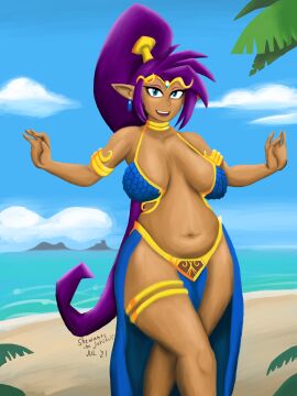 2021 armlet artist_name beach belly_dancer big_breasts blue_eyes blue_outfit breasts choker cloud dancer dancer_outfit dancer_shantae dated earrings female furaffinity_link genie genie_girl gold_jewelry hair_ornament half-genie island legs_up lineless looking_at_viewer navel newgrounds_link ocean palm_leaf pointy_ears ponytail purple_hair sagging_breasts sand shantae shantae_(character) shewantsthejoystick slightly_chubby slightly_chubby_female smile soft_shading solo thick_thighs thigh_ring tiara