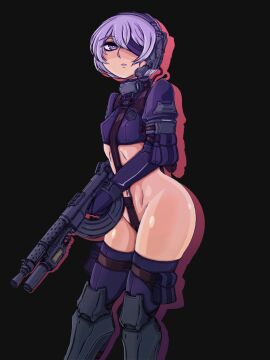 arm_pouch armor armored_boots ass assault_rifle black_bow boots bow bubble_ass bubble_butt crotch_strap doekuramori female female_focus gloves greaves gun hair_between_eyes headgear holding holding_gun holding_rifle holding_weapon holster martyr_(the_citadel) matching_hair/eyes official_art one_eye_covered open_mouth pouch purple_eyes purple_gloves purple_hair rifle solo solo_focus standing the_citadel the_martyr thigh_pouch thigh_strap thighhighs tomboy weapon
