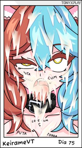 blue_hair blush blush_lines blushing_at_viewer blushing_female breasts brown_hair bunny_costume collar cum_drip cum_dripping cum_dripping_from_face cum_dripping_from_mouth cum_in_hair cum_in_hands cum_in_mouth cum_on_face cumshot cumshot_in_mouth cumshot_on_face cumshot_on_hair eyelid_twitch female hair_ornament heart_eyes hispanic_virtual_youtuber keiramevt latam_virtual_youtuber long_hair multicolored_hair navel nipples oneeshi only_female pink_hair tony_x_play tonyxplay vibrator virtual_youtuber vtuber vtuberfanart writing_on_body writing_on_face yellow_eyes