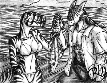1boy 1girls ankylosaurus anthrosaurs bikini dinosaur dinosaur_boy dinosaur_girl female male male_swimwear predaguy scalie swim_trunks swimsuit