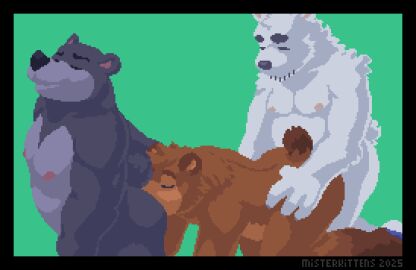 2025 all_fours anal animated anthro bear bottlebear digital_media_(artwork) green_background group kneeling male male/male mammal misterkittens mxqlq oral pixel_(artwork) pixel_animation riel_(riel) rimming sex simple_background trio