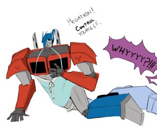 autobot babydoll_lingerie crossed_legs cybertronian exclamation gay hand_on_chest hasbro humanoid laying_on_side lingerie male megatron optimus_prime robot straps text transformers transformers_prime
