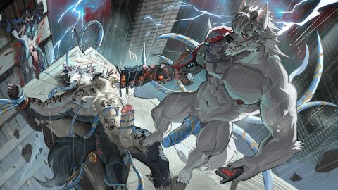 3boys abs ale55 anal anal_sex anthro balls band-aid band-aid_on_face bandage bandage_on_face black_body black_fur blue_penis body_writing bondage canid canine canis chinese_text city city_background cityscape clenched_teeth clothing cybernetic_arm cybernetic_limb death defeated defeated_hero dragonsmint ear_penetration ejaculation electricity embarrassed erection evil_grin eye_scar eyewear eyewear_on_head facial_scar feet flaccid flaccid_penis foot_fetish foreskin fur genital_piercing genital_tattoo genitals gore group half-erect hero hi_res high-angle_view humanoid_genitalia humanoid_penis lightning lying male male/male mammal mgg_(character) muscular muscular_male navel_fetish navel_penetration nipple_piercing nipple_ring nipple_ring_pull nipples nude on_back open_mouth oral oral_penetration pecs penetration penis penis_piercing penis_tattoo piercing prince_albert_piercing pubes raining retracted_foreskin ring_piercing scar skinsuit smile standing sunglasses sunglasses_on_head tattoo teeth tentacle tentacle_around_arm tentacle_around_leg tentacle_around_penis tentacle_in_ass tentacle_in_mouth tentacle_in_navel tentacle_penetration text tight_clothing torn_skinsuit trio uncircumcised vein veiny_penis white_body wolf wrist_grab yaoi