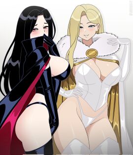 2girls black_hair black_queen_selene blonde_hair cape character_request cleavage elbow_gloves emma_frost female female_only fully_clothed gloves leotard long_gloves marvel marvel_comics mutant_(marvel) nico-neko nicolasgravelqc panties revealing_clothes selene_gallio thick_thighs white_queen x-men