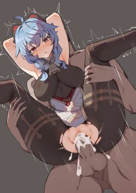 1boy ahoge armpits arms_behind_head arms_up balls bangs bare_shoulders bell big_breasts blue_hair blush bodystocking breasts brown_legwear clothed_female_nude_male clothed_sex cum cum_in_pussy dark-skinned_male dark_skin dress female ganyu_(genshin_impact) genshin_impact highres horns large_breasts long_hair male nude open_mouth pantyhose penis purple_eyes pussy reverse_suspended_congress sex sex_from_behind simao_(x_x36131422) spread_legs straight testicles thighs torn_clothes torn_legwear ugly ugly_bastard uncensored vaginal_penetration white_dress