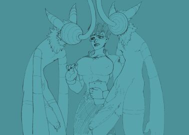 anthro balls big_breasts black_and_blue blue_body blue_skin breasts clothing deltarune dot_matrix eyewear female genitals glasses group hair human humanoid jodelr male mammal monochrome monster reboot simple_background trio undertale_(series) werewire