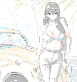 1girls bikini bikini_top_only black_hair blue_bikini breasts car denim earrings female hairband holding_jacket jacket jeans large_breasts long_hair looking_at_viewer midriff milf mitsugu motor_vehicle navel pants red_eyes smile smiling smiling_at_viewer spy_x_family swimsuit torn_clothes torn_jeans torn_pants yor_briar yor_forger