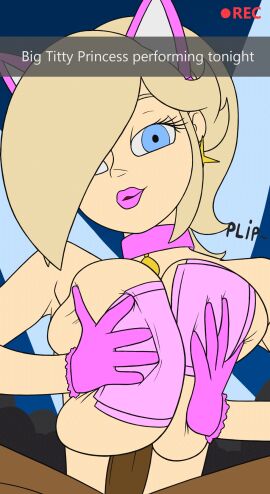 animated animation big_breasts breasts busty cat_ears collar creatiffy curvy dark-skinned_male dark_skin english_text female interracial light-skinned_female light_skin male male/female mario_(series) nintendo paizuri pasties princess_rosalina skimpy_outfit text titjob underboob