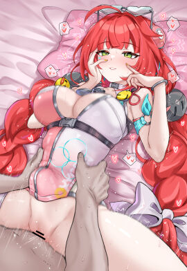 1boy 1girls absurdres alternate_version_available bar_censor big_penis blush breasts censored commentary_request daram_(shappydude) female glasses green_eyes green_hair heart heart-shaped_eyewear heart-shaped_glasses heart_glasses highres large_breasts long_hair male missionary mosaic_censoring official_alternate_costume parted_lips penis pov pussy red_eyes red_hair sex sphere_hair_ornament spread_legs stomach_bulge straight swimsuit twin_braids twintails ukinami_yuzuha ukinami_yuzuha_(tanuki_in_broad_daylight) vaginal_penetration zenless_zone_zero