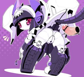 1boy ass censored commentary_request disembodied_penis female gothic_mates looking_back medarot mosaic_censoring nollety penis purple_background pussy robot robot_girl straight variant_set