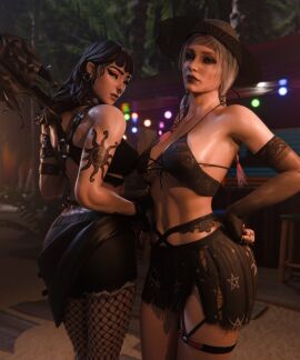 2girls 3d armwear bikini bikini_top black_eyeliner black_eyeshadow black_lipstick black_nails crossover dbd dead_by_daylight detached_sleeves earrings eyeliner eyeshadow female fingerless_gloves fishnet_stockings fishnets fortnite goth goth_girl hat lipstick nose_piercing nose_ring painted_nails phaedra_(fortnite) rings sable_ward swimsuit tattoo tattooed_arm vexonair wet