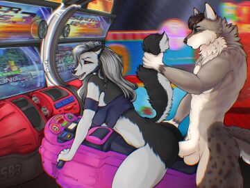 anthro arcade arcade_machine arcade_ride_on ass balls bent_over beozar bottomless bottomless_anthro bottomless_female breasts canid canid_demon canine canis clothed clothing demon digital_media_(artwork) duo erection female female_penetrated from_behind_position fur gaming genitals hair hellhound helluva_boss hi_res holding_tail humanoid_genitalia humanoid_penis loona_(helluva_boss) male male/female male_penetrating male_penetrating_female mammal multitasking mythological_canine mythological_creature mythology nude open_mouth penetration penile penile_penetration penis penis_in_pussy public public_nudity public_sex pussy raised_tail red_sclera sex sex_while_gaming sitting standing tail topwear vaginal_penetration white_body white_fur wolf
