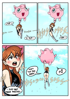 4koma ass biku black_dress boots brown_hair comic creatures_(company) dress dress_lift english_text female game_freak green_(pokemon) jigglypuff navel nintendo open_mouth panties panty_pull peeing pokemon pokemon_(species) pokemon_adventures pussy speech_bubble thighhigh_boots underwear white_boots white_footwear