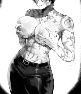 1girls abs black_and_white breast_grab breasts burn_scar face_out_of_frame female female_abs female_focus female_only glasses grabbing grabbing_breasts grabbing_own_breast groping groping_breasts jujutsu_kaisen masoq095 muscular muscular_female scar scarred short_hair solo solo_female tagme topless topless_female zenin_maki