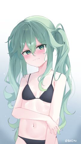 2d 2d_(artwork) belly_button bikini blush breasts bull_imu date_a_live female green_eyes green_hair kyouno_natsumi light-skinned_female light_skin long_hair looking_at_viewer small_breasts