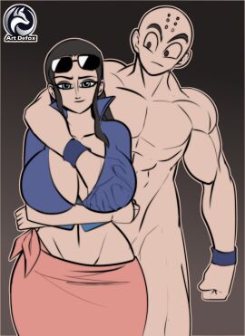 1boy 1girls abs alternate_breast_size artdefox ass bare_arms bare_legs bare_shoulders bare_thighs big_breasts black_hair blue_eyes breasts color crossover dragon_ball dragon_ball_z female grabbing_breasts hand_on_breast hi_res huge_breasts krillin kuririn large_breasts light-skinned_female light_skin long_hair looking_at_viewer male male/female muscles muscular muscular_male nico_robin one_piece shounen_jump straight thick_thighs