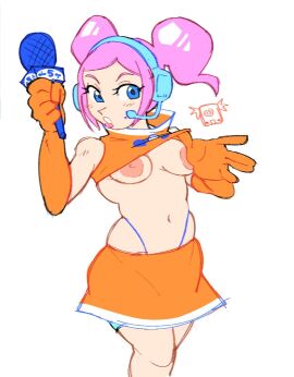 1girls areolae blush dream_casko female gloves medium_hair navel nipples pink_hair sega skirt space_channel_5 thong_panties top_lift twintails ulala